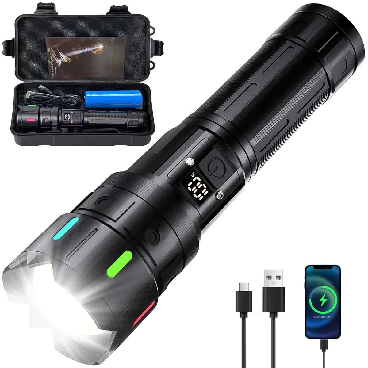 Grey cylindrical aluminium flashlight with telescopic head, USB-C port, LCD screen and luminous strips, 7.87 inches long