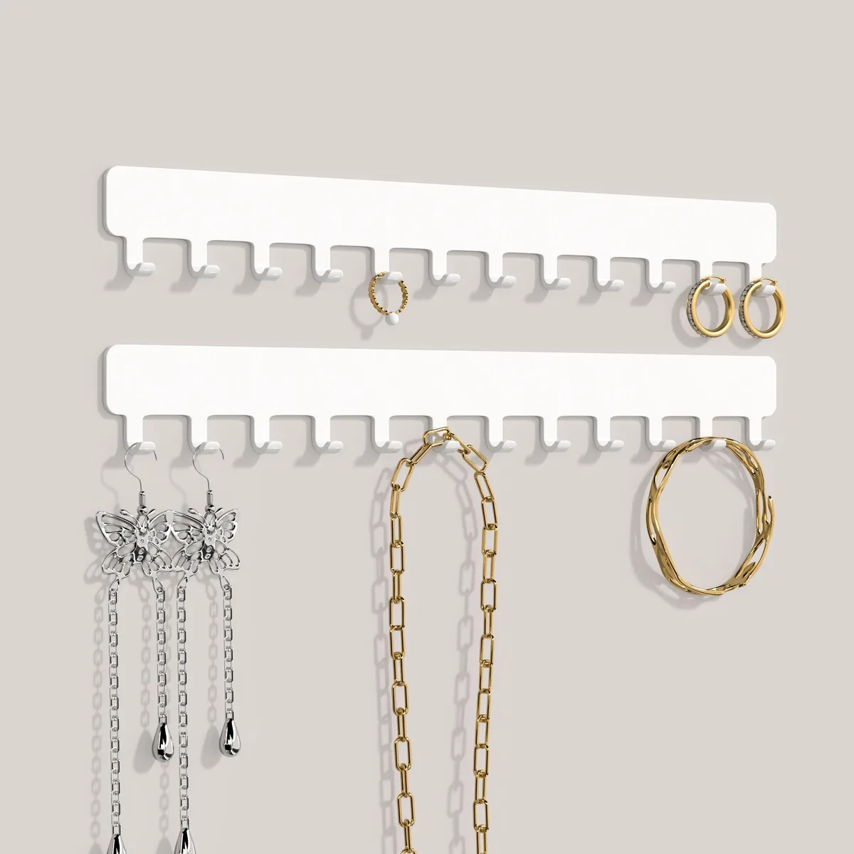 Two white metal bars, 9.84 inches long, each with six hooks, self-adhesive backing