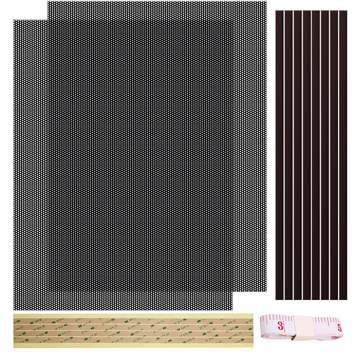 Two flat rectangular PVC mesh sheets with magnetic strips and tape measure