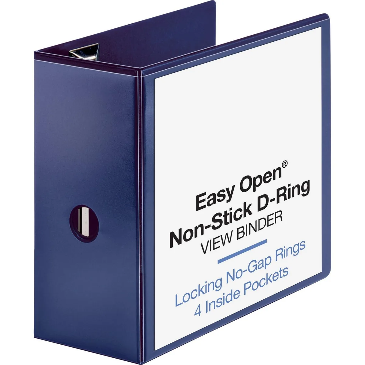 Navy blue D-ring view binder with clear overlay and stacked pockets