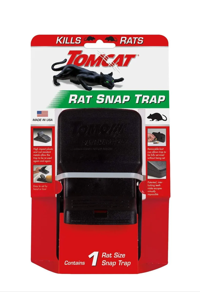 Black plastic rat snap trap with interlocking teeth and removable bait cup