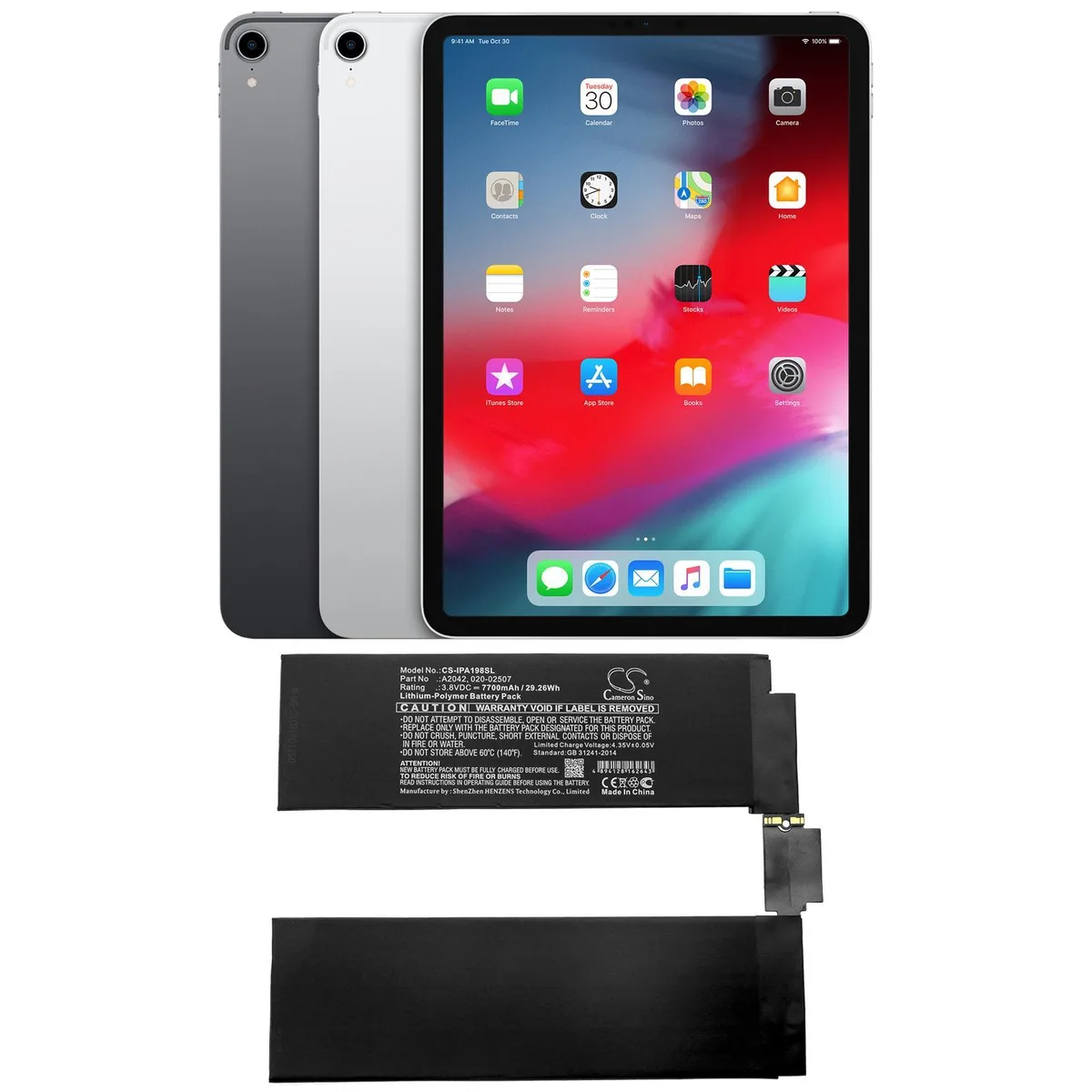 Rectangular lithium-ion battery pack with silver metallic finish and connector ribbon visible