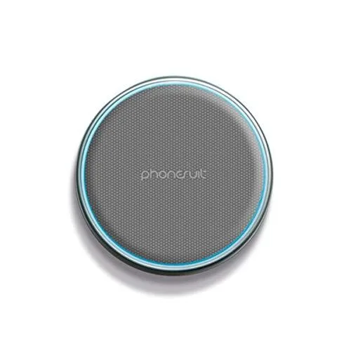Round wireless charging pad with silver metal top and black rubber base, blue LED ring, 3.15 inches diameter