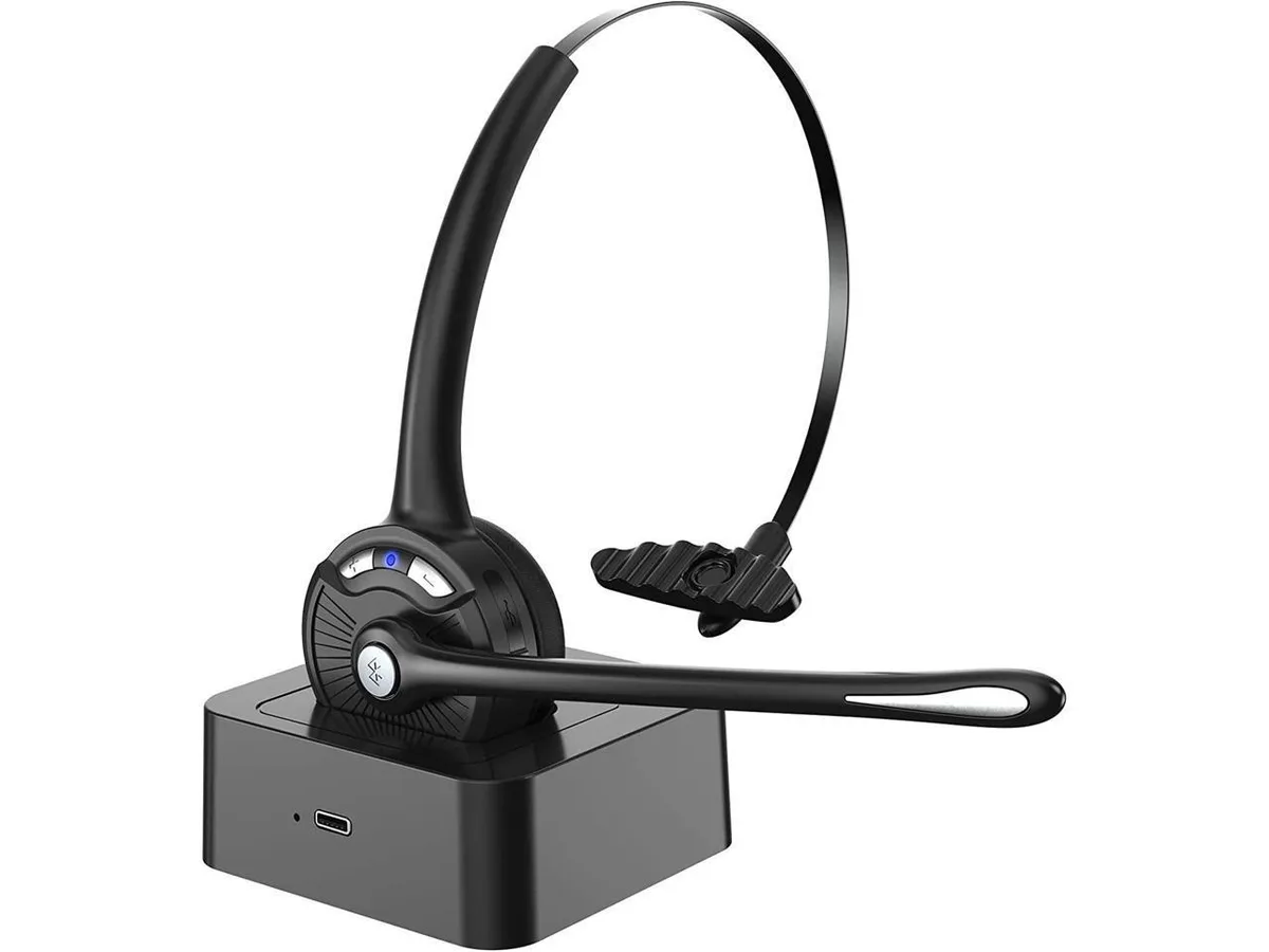 On-ear Bluetooth headphones with charging base, flexible microphone boom, matte black finish