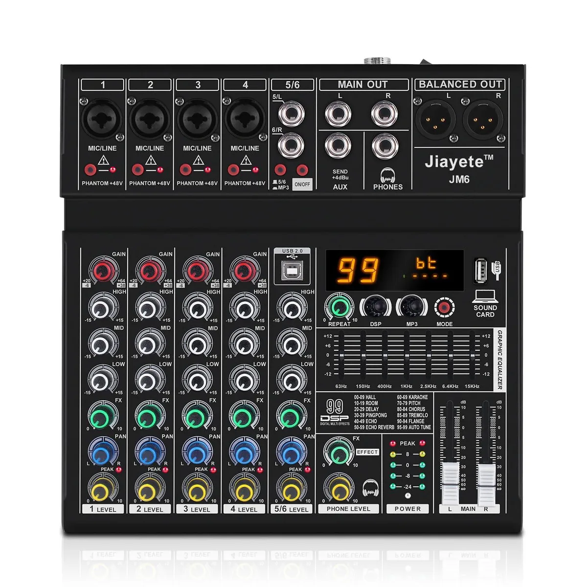  Jiayete JM6 6 Channel Audio Mixer 99 Effects Bluetooth 48V Phantom Power Black — product photo