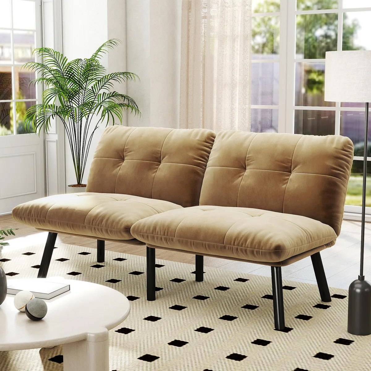 Brown velvet convertible folding sofa bed with metal frame