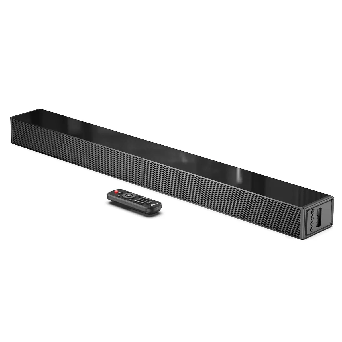 A glossy black 31 inch sound bar with remote and cables