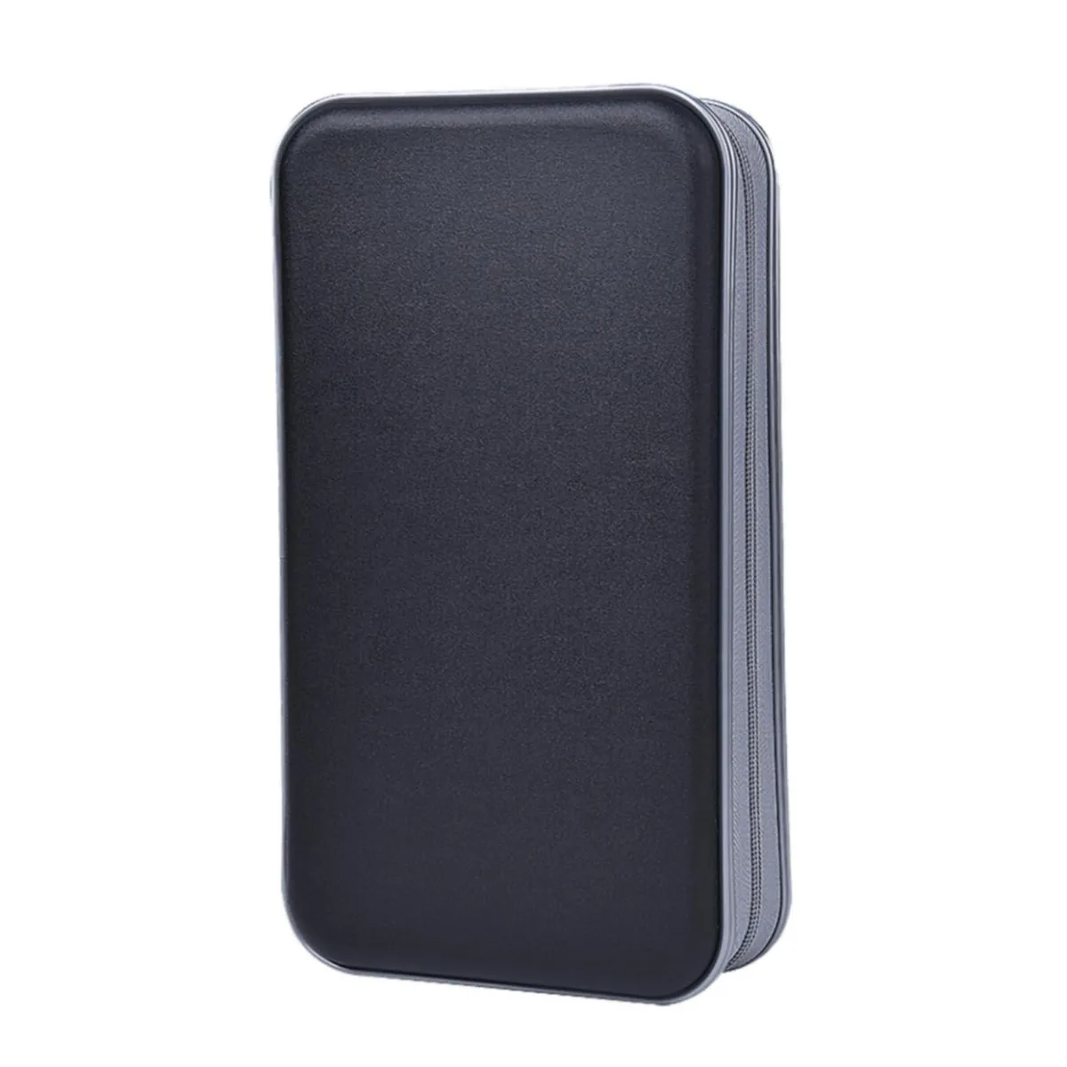 Black zippered CD wallet, 96 disc capacity, nylon exterior, compact rectangular shape