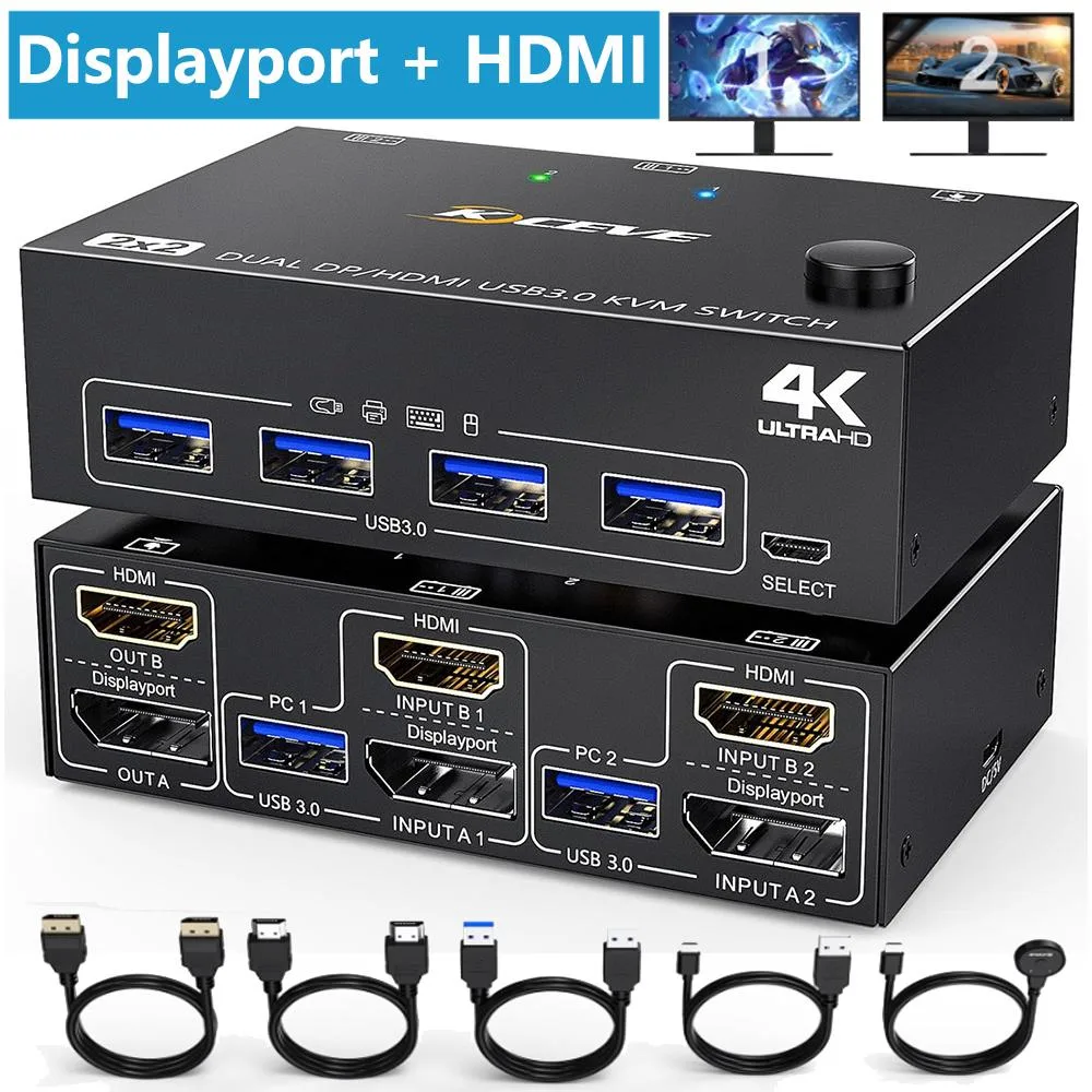 AUTYUE AUTYUE USB 3.0 Dual Monitor KVM Switch HDMI+DP 4K@60Hz 2K@120Hz 2-in-2-out Wired Remote 4 Cables — product photo