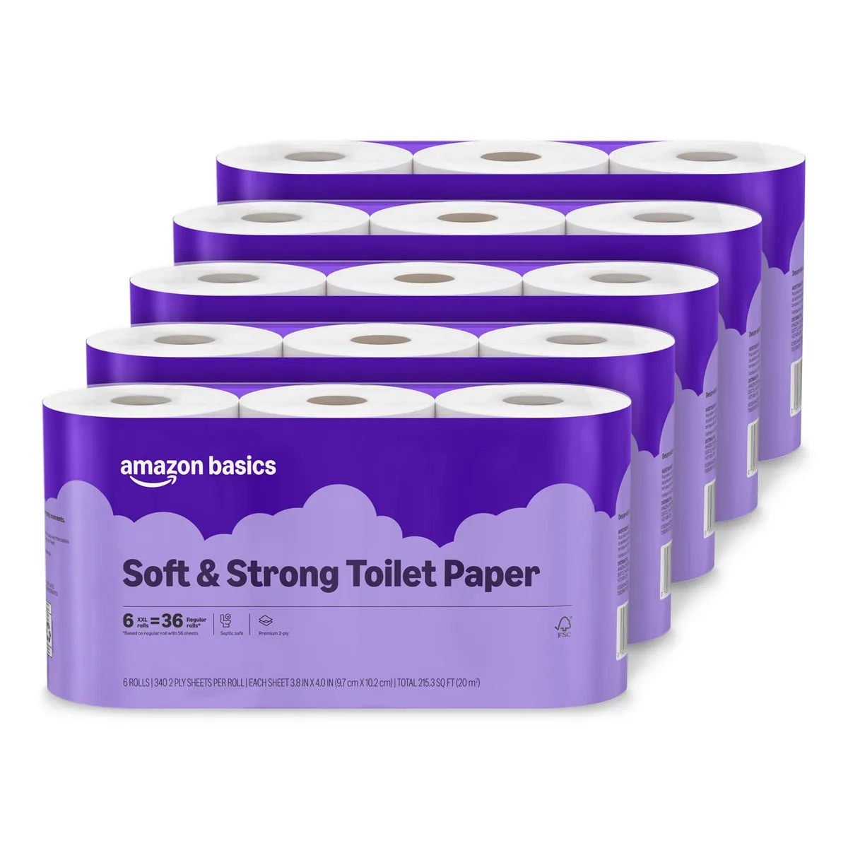 White toilet paper rolls in clear plastic packaging, five packs of six rolls stacked in a cardboard box