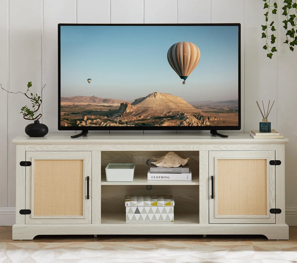 tuphen tuphen Farmhouse Rattan TV Stand 65"W White Home Entertainment — product photo
