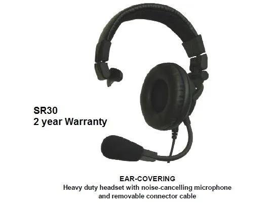 Over-ear industrial headset with padded cup and flexible boom microphone