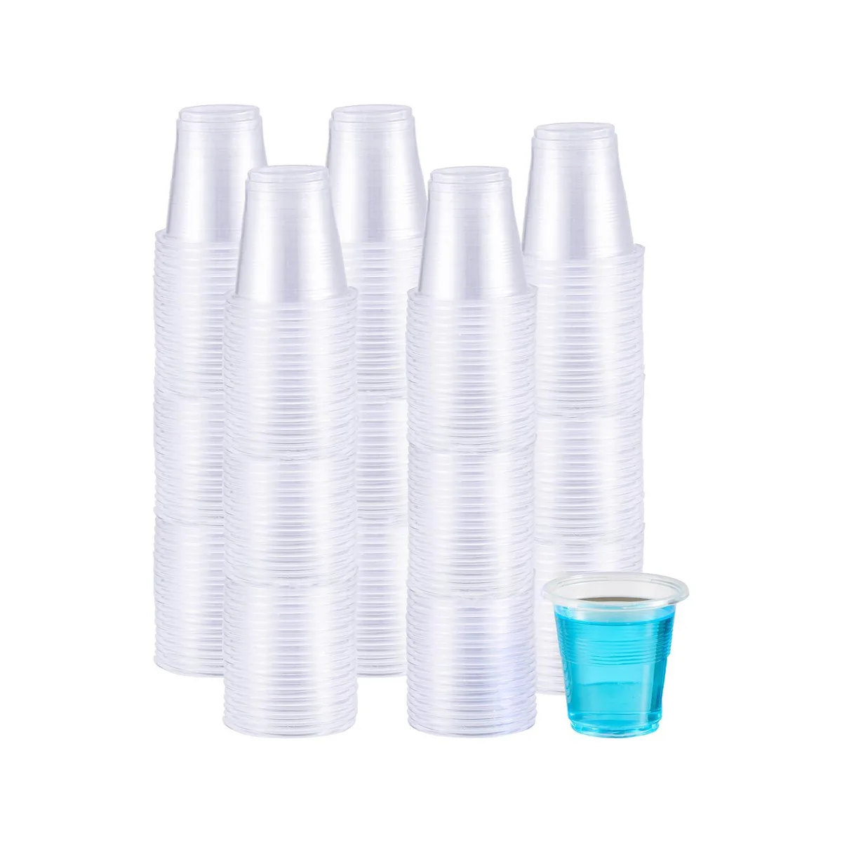 Stack of 500 clear 3.5 oz disposable plastic cups with ribbed sides and rolled rims