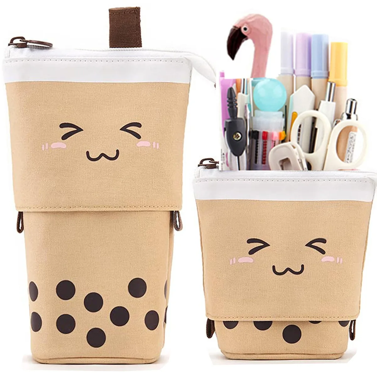 Beige polyester telescopic pencil bag with polka dot pattern, retractable design, 17x12x7cm, 67g