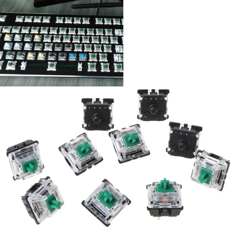 Ten green mechanical switches in transparent housings, three-pin MX style