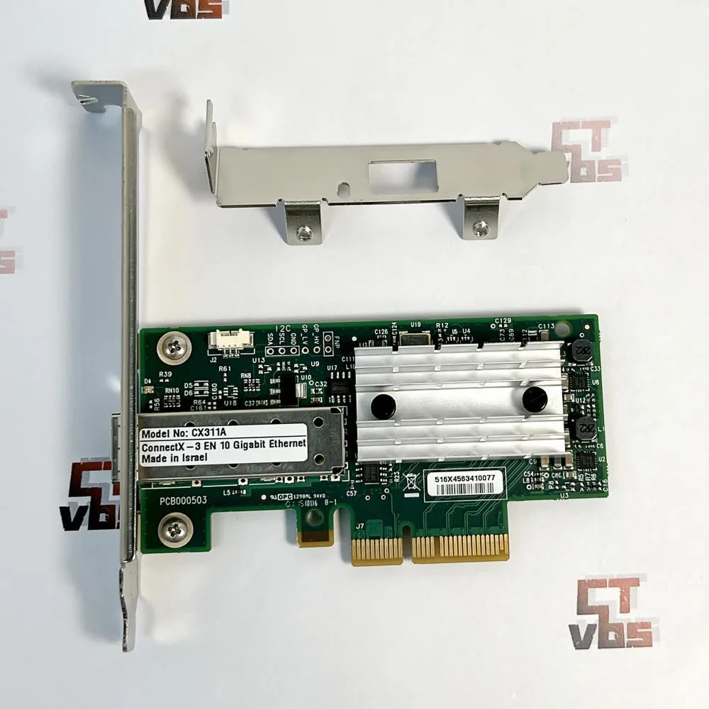 Green PCB network card with silver bracket and LC ports