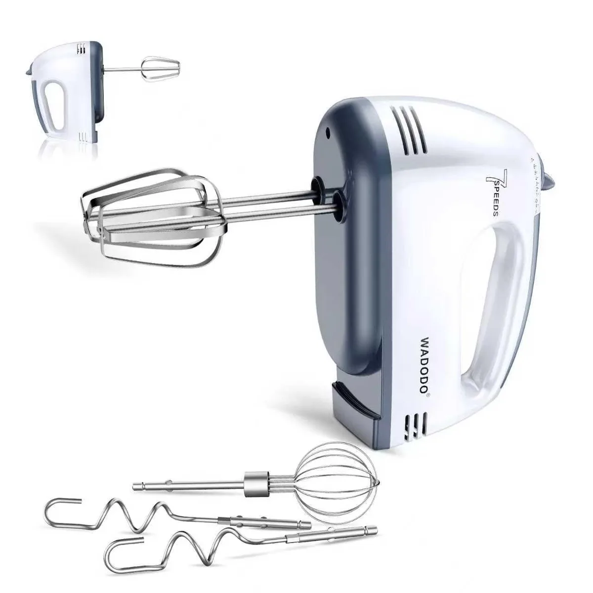  7-Speed Electric Hand Mixer White 304 Stainless Steel Attachments — product photo