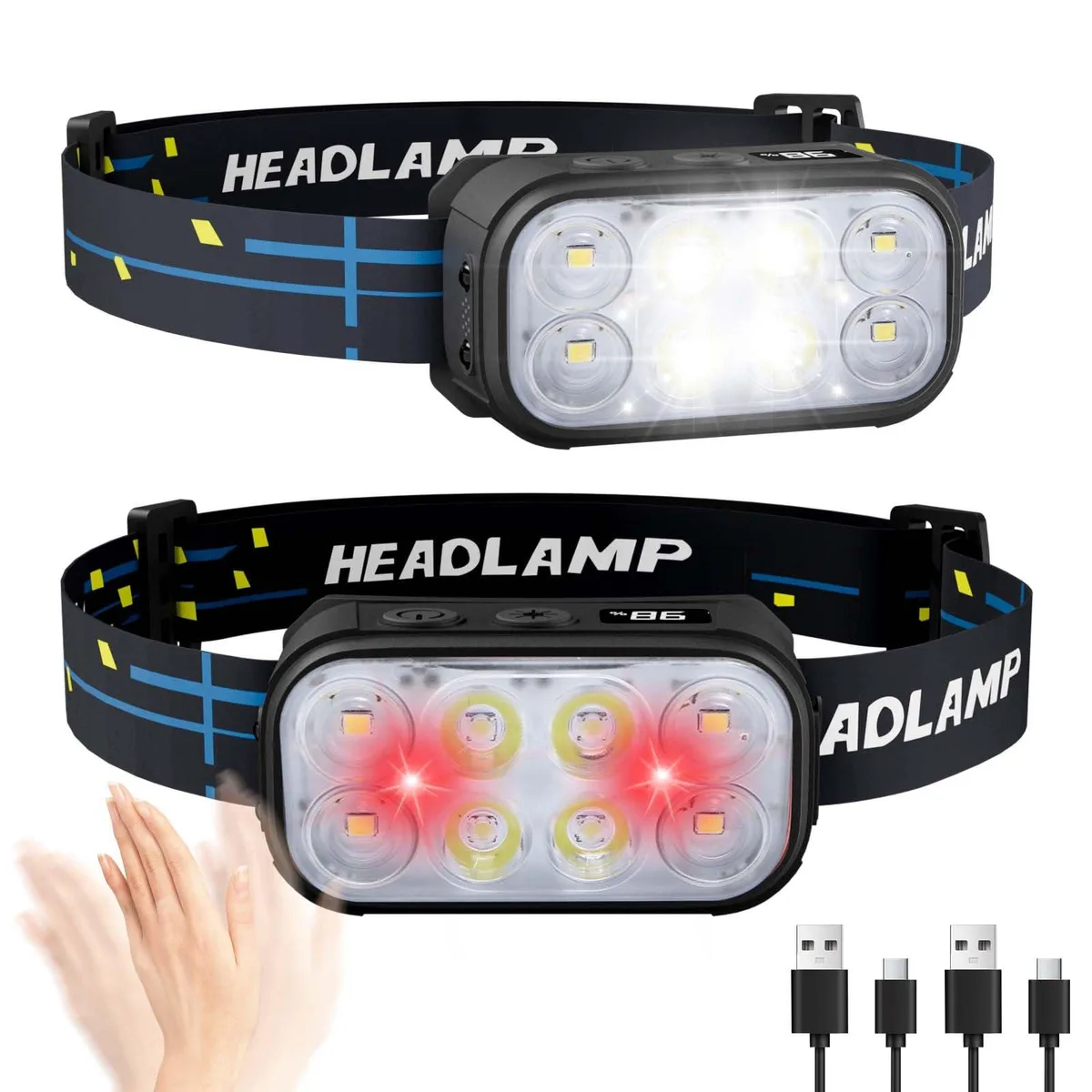 Two compact curved headlamps with USB-C ports and red LEDs
