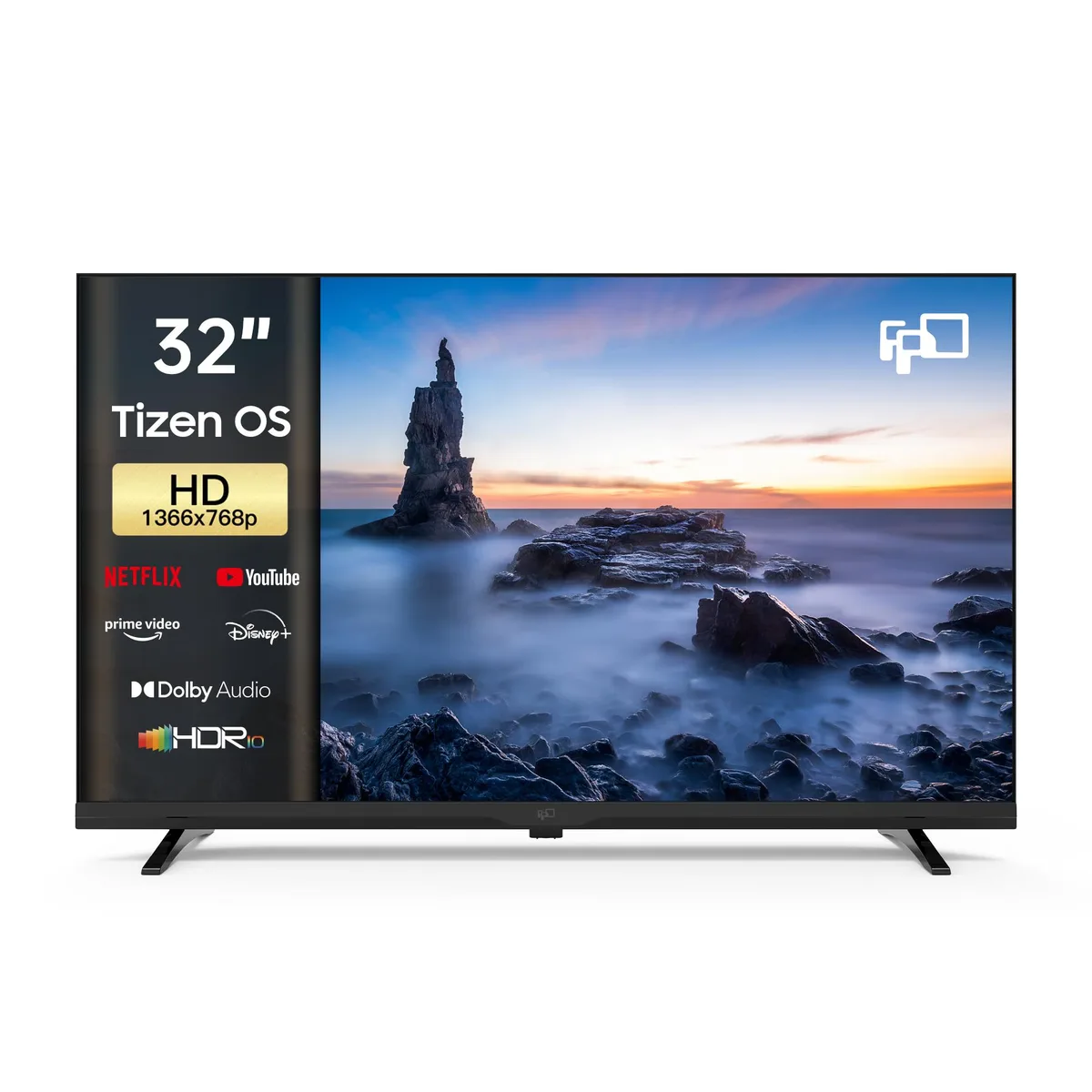Flat 32 inch LED television with thin bezels and a dark finish