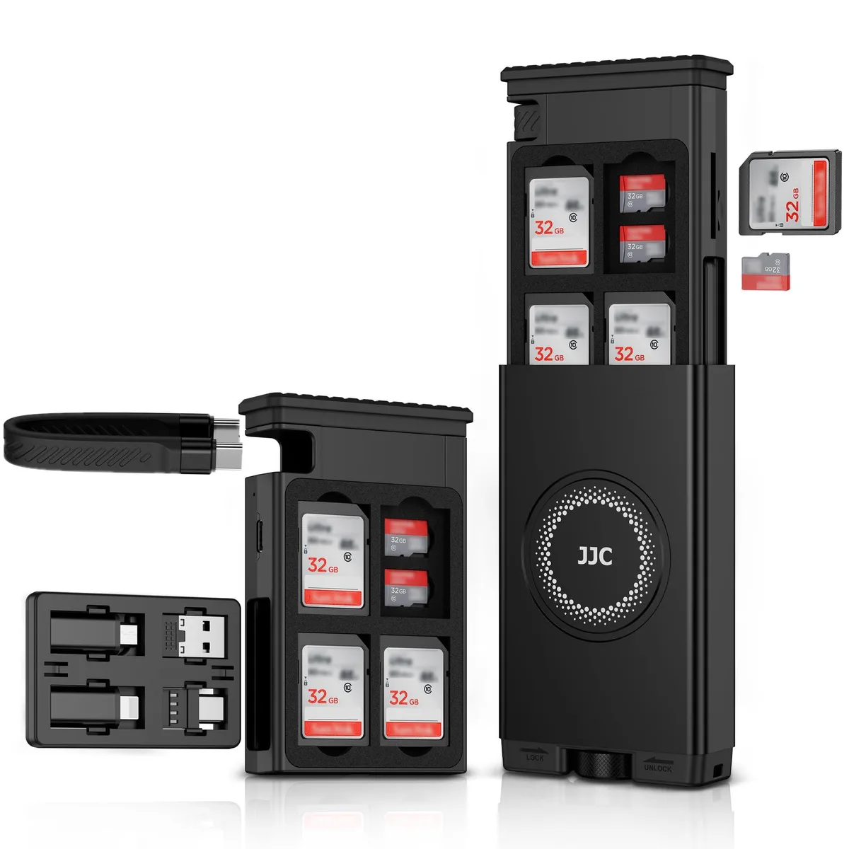 Black aluminium-alloy case with USB-C cable, multiple adapters and card slots for 8 SD and 16 TF cards