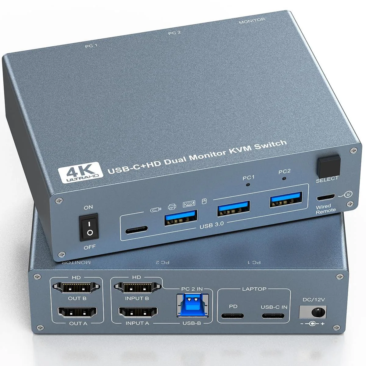Hitoor Hitoor USB-C HDMI KVM Switch 2 Monitors 2 Computers 4K@60Hz 80W PD — product photo
