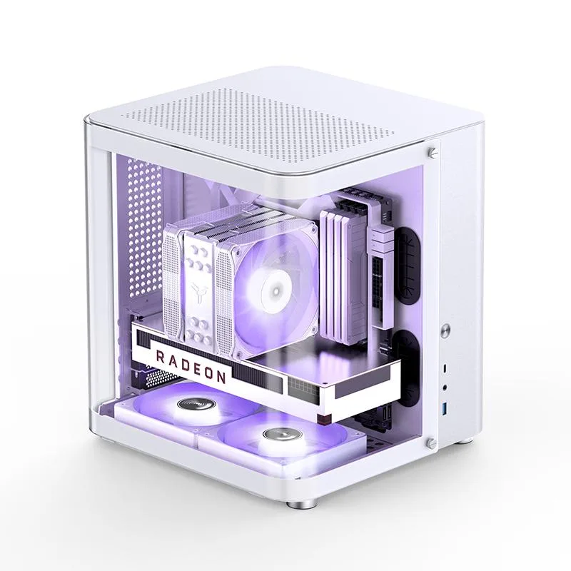 Black compact Micro ATX case with front and side tempered glass panels, aluminium frame, USB Type-C and USB 3.0 ports on top