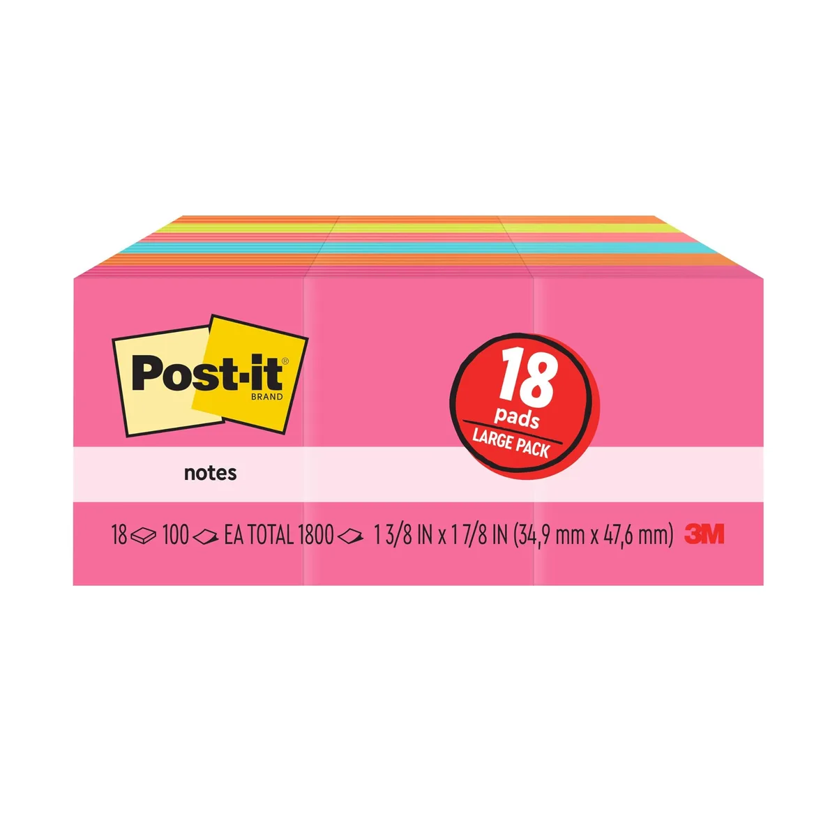 Eighteen small square sticky-note pads in bright Acid Lime, Vital Orange, Guava, Power Pink and Aqua Splash colours