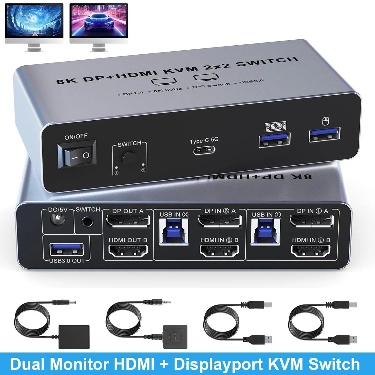 IHDAPP IHDAPP USB 3.0 HDMI DP KVM Switch 2 PC 2 Mon 8K@60Hz 4K@120Hz Type-C 3×USB 3.0 Audio — product photo