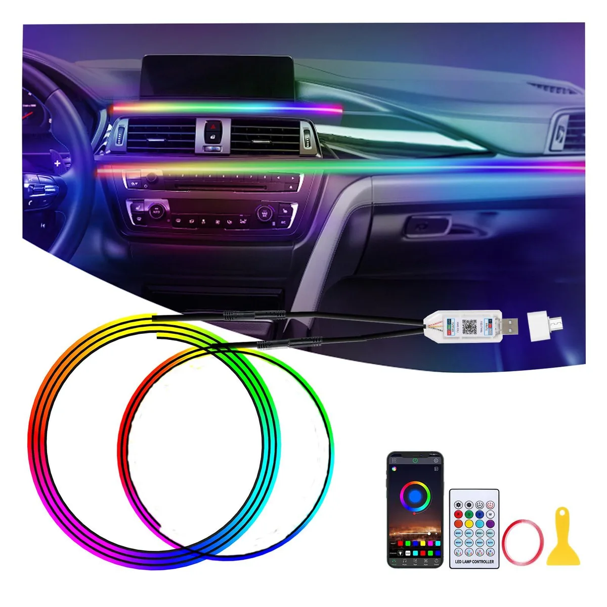  2 in 1 Acrylic Car LED Lights Interior 168 LEDs 43.3in 13.7in — product photo