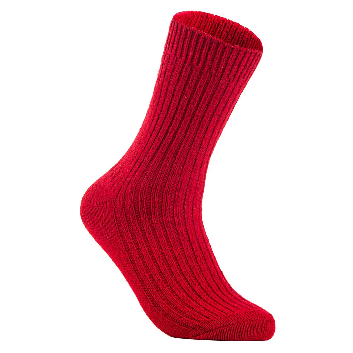 Four pairs of red wool-blend crew socks, folded flat