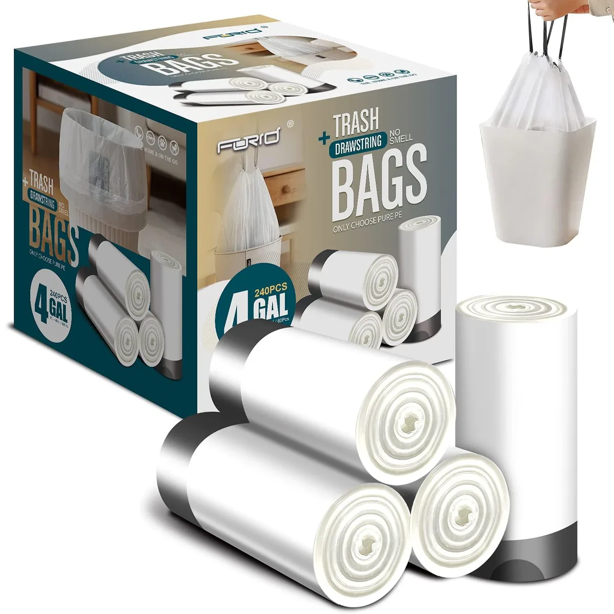 White drawstring trash bags on four rolls, 240 count, 15 litre capacity