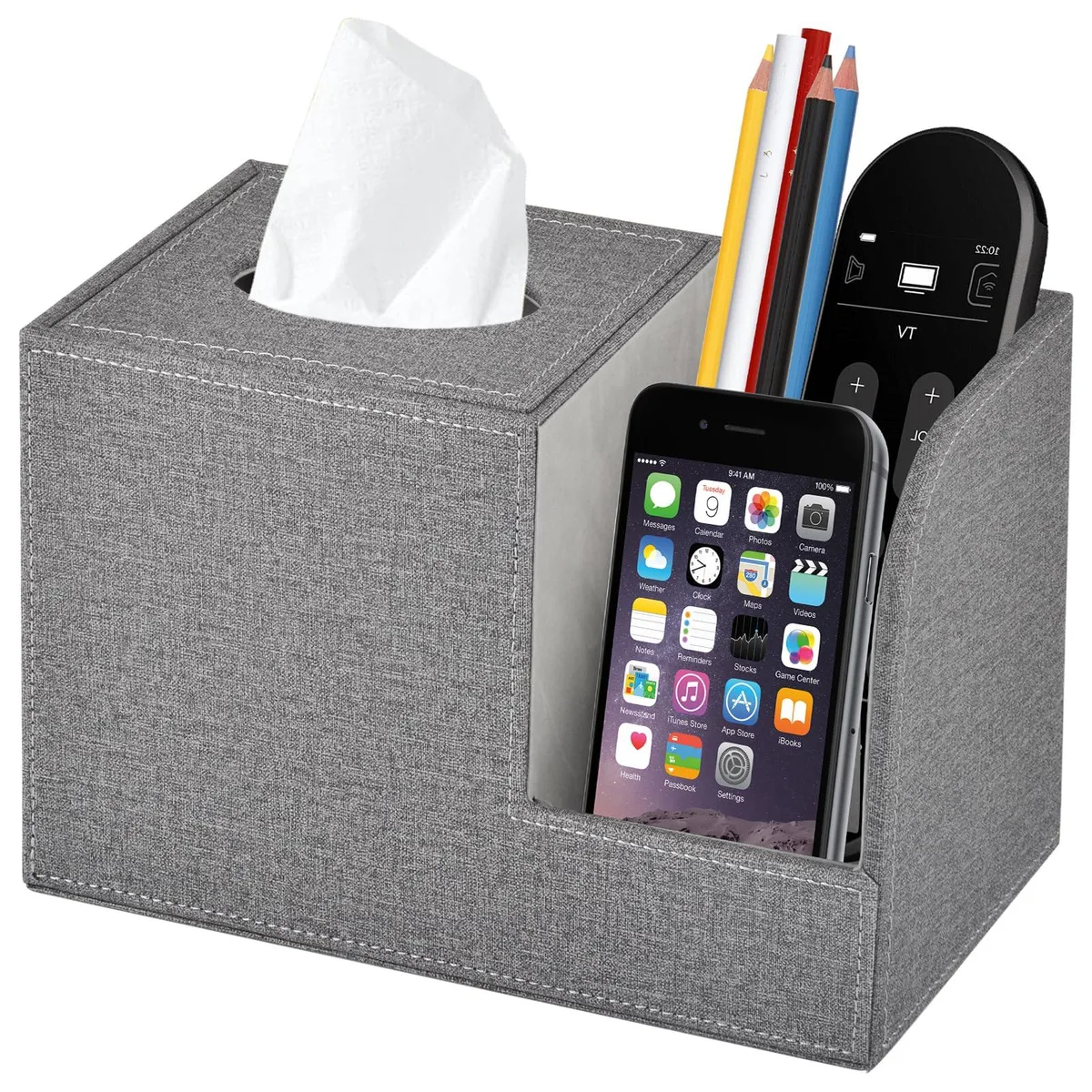 Grey PU leather cube tissue box holder with two side compartments