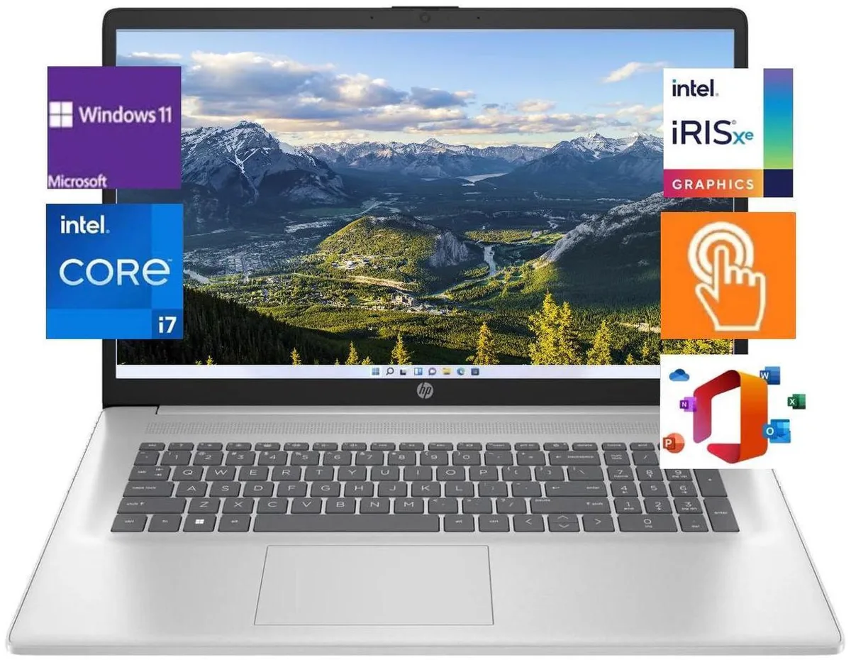 Silver 17.3 inch touchscreen laptop with backlit keyboard