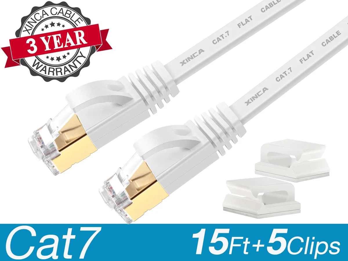 XINCA XINCA Cat7 Flat Ethernet Cable 15ft White 10Gbps 600MHz STP with 5 Clips — product photo