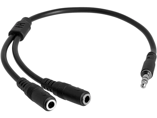 Black 20cm Y-cable with one 3.5mm male plug and two 3.5mm female sockets