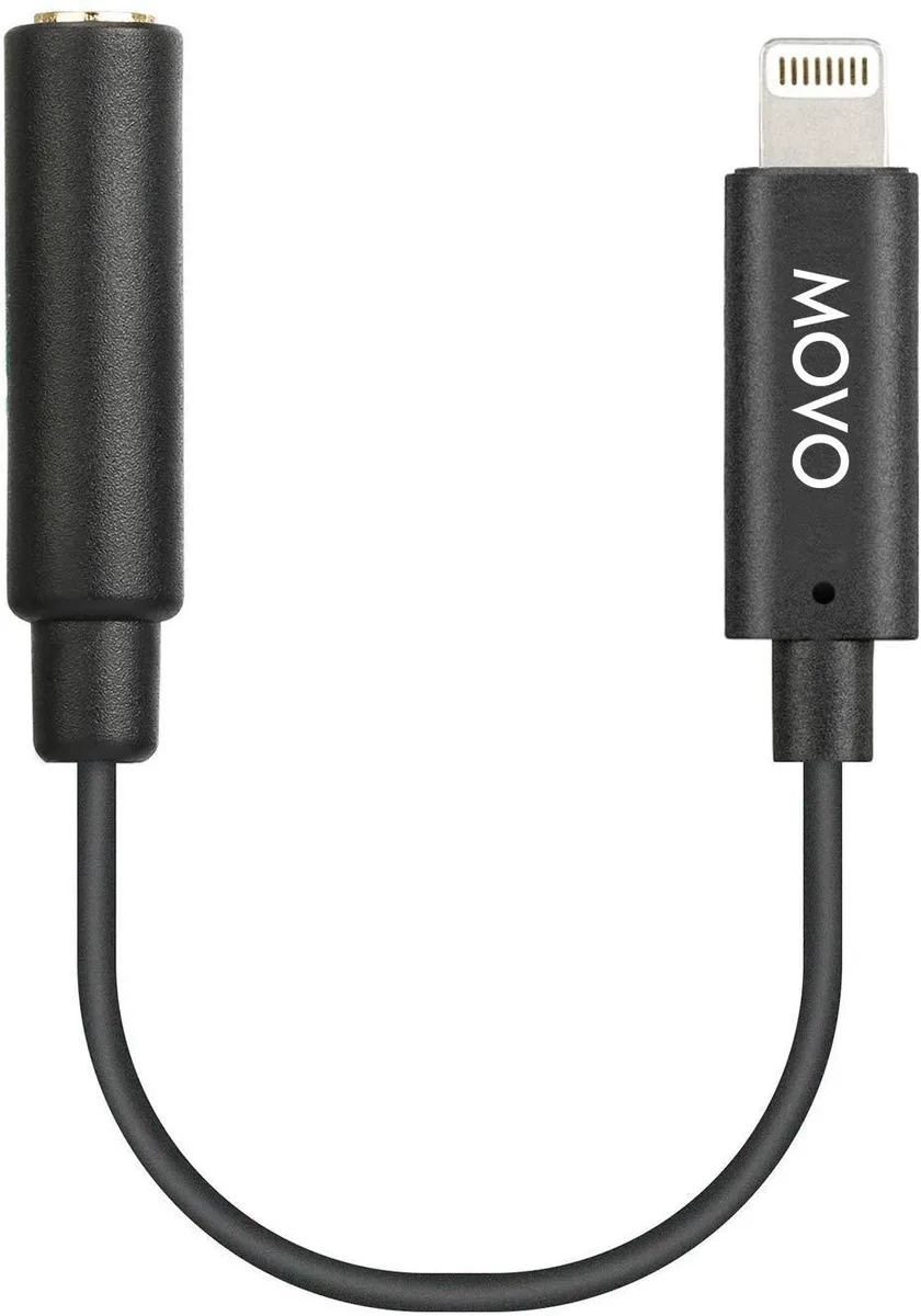 Black Movo IMA-1 adapter, short cable with 3.5 mm TRRS socket and Lightning plug, matte finish