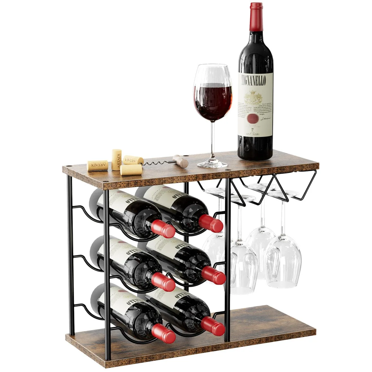 Black metal frame with wooden shelves holding six bottles and four glasses, 16.5 by 7.3 by 12.6 inches