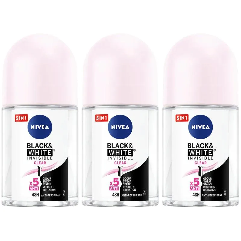 Nivea Nivea NIVE-ROL-BWCLR-2503 Invisible Black &amp; White Clear Roll-On 25 ml 3-pack skin care — product photo