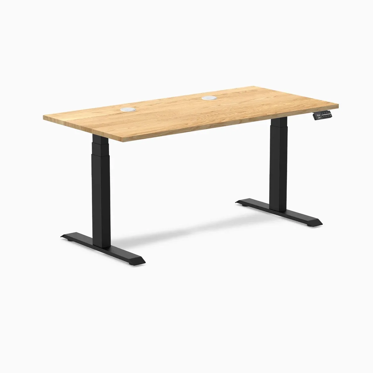 Desky Desky Dual Hardwood Sit Stand Desk White Oak 60 x 30 inches Matte Black Grommets — product photo