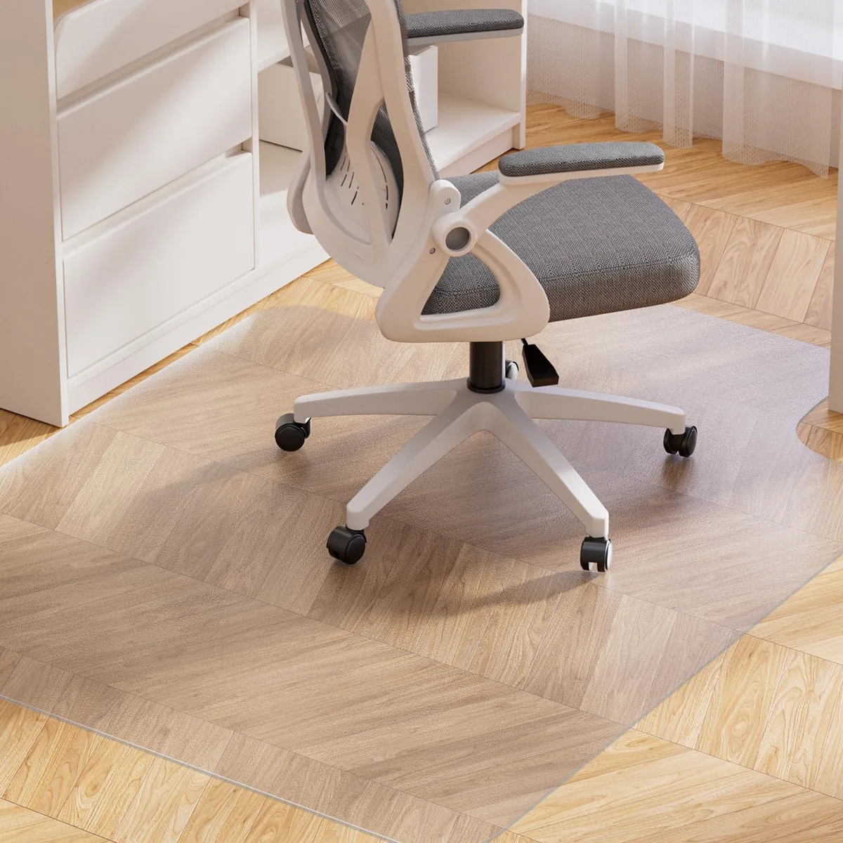 Clear rectangular PVC chair mat with striped texture, 48 by 36 inches