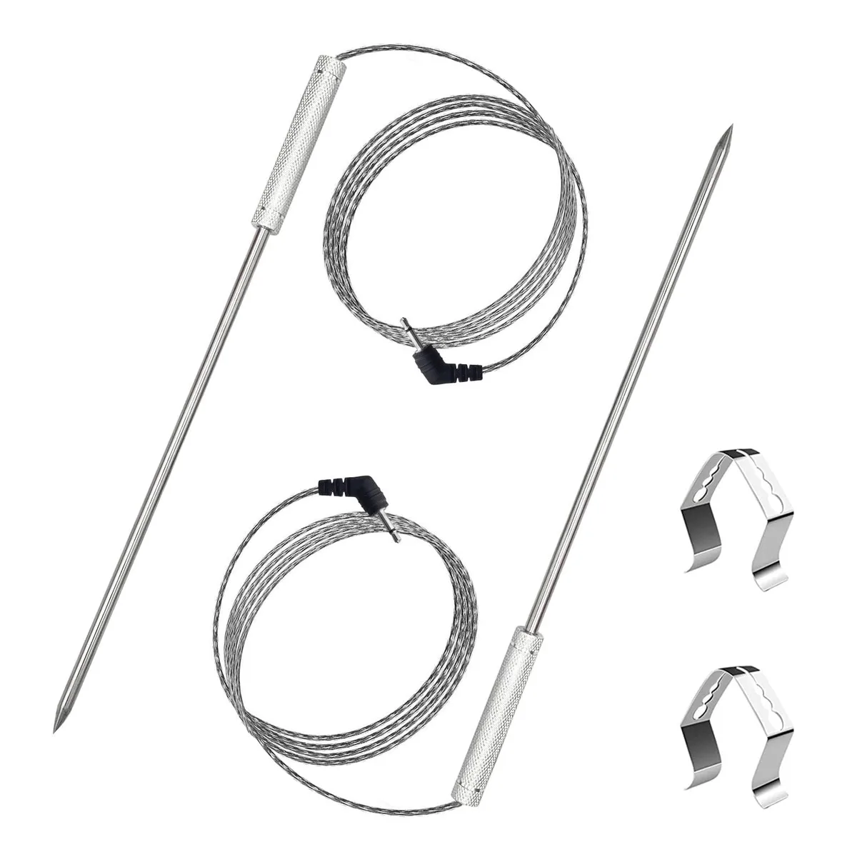 Two stainless steel meat probes with woven wire leads and 2.5mm plugs, plus two metal clips