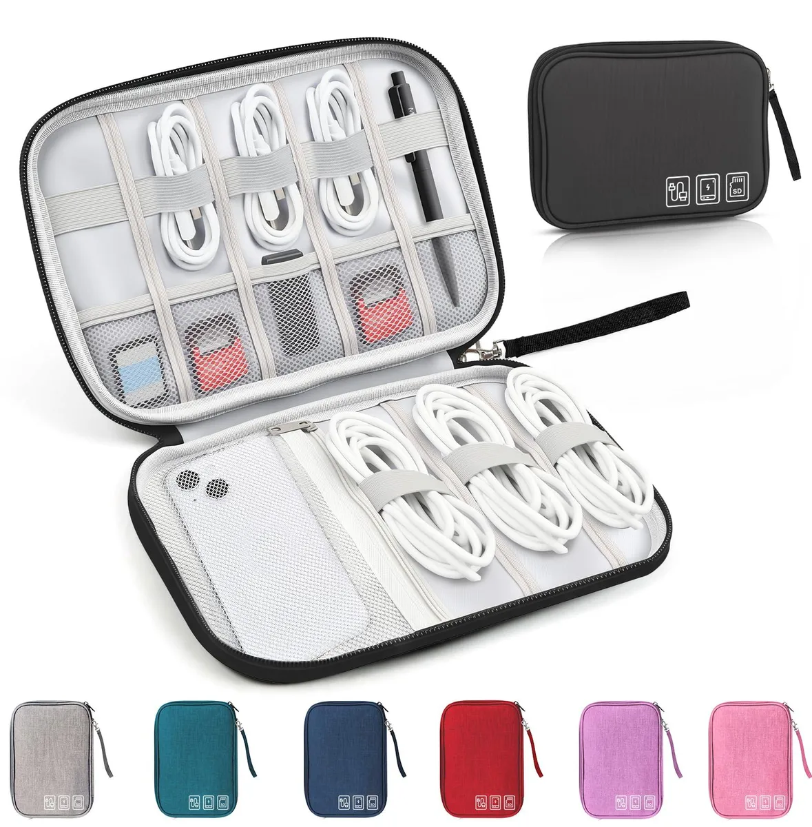 Small grey rectangular tech pouch with double-layer compartments, compact and lightweight