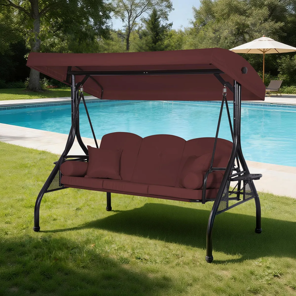 Red three-seat porch swing with metal frame, adjustable canopy, thick cushions and side cup holders