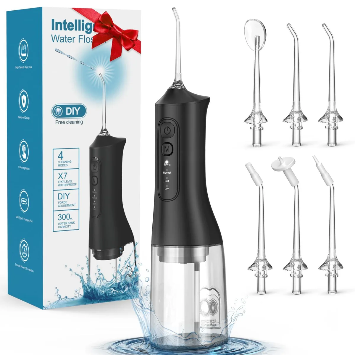 White cordless water flosser with 300 ml tank and six jet tips