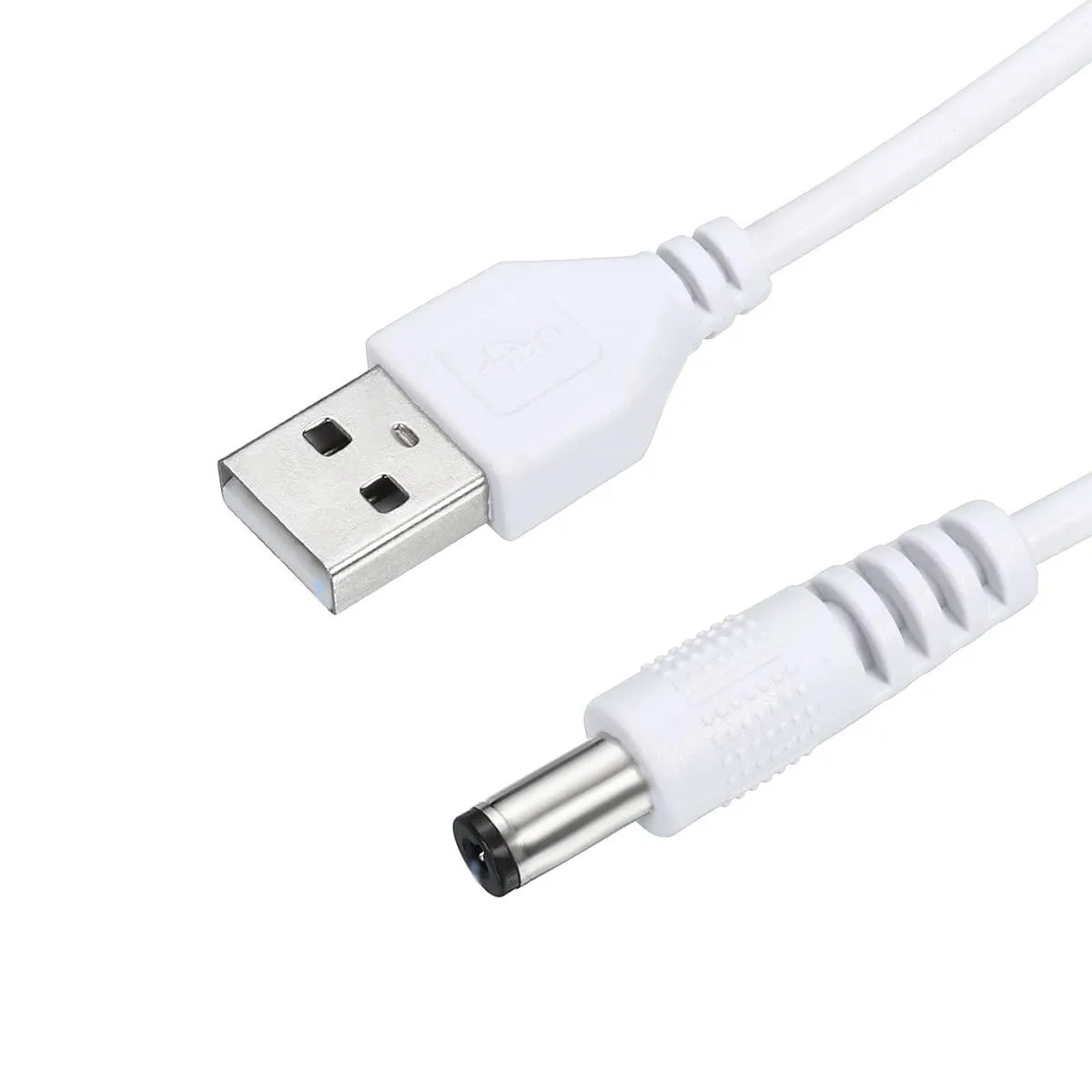 White USB 2.0 Type A male to DC 5.5 x 2.1mm male barrel cable 1m