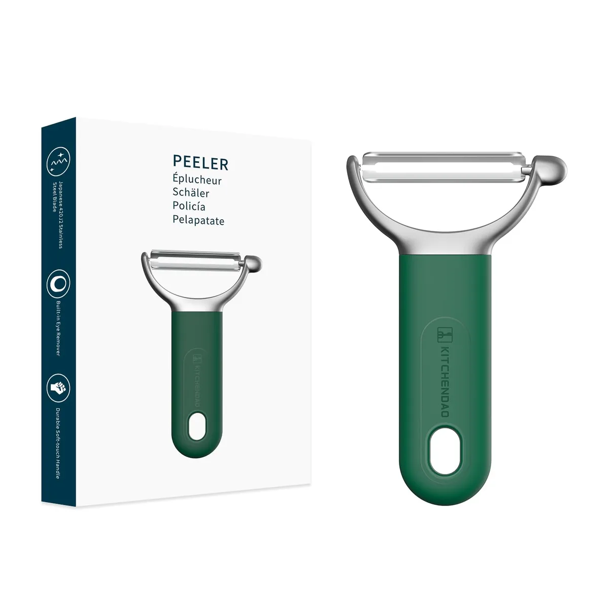 Green Y-shaped swivel peeler with soft-touch handle and built-in eye remover