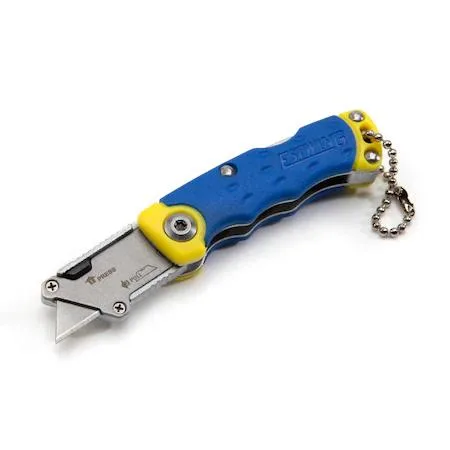 Mini folding lock-back utility knife, blue yellow handle, zinc alloy blade holder