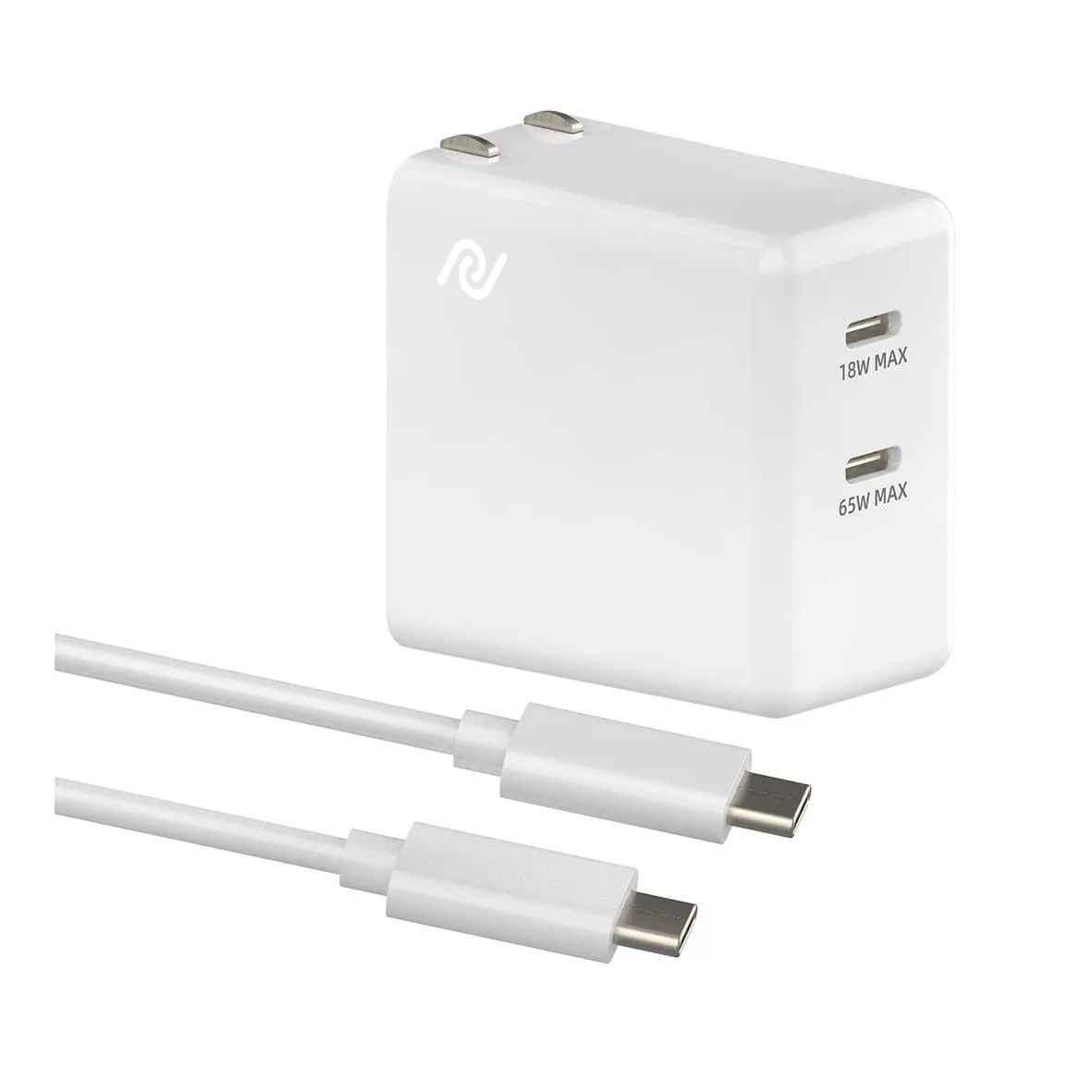 Compact white rectangular GaN charger with foldable prongs and dual USB-C ports