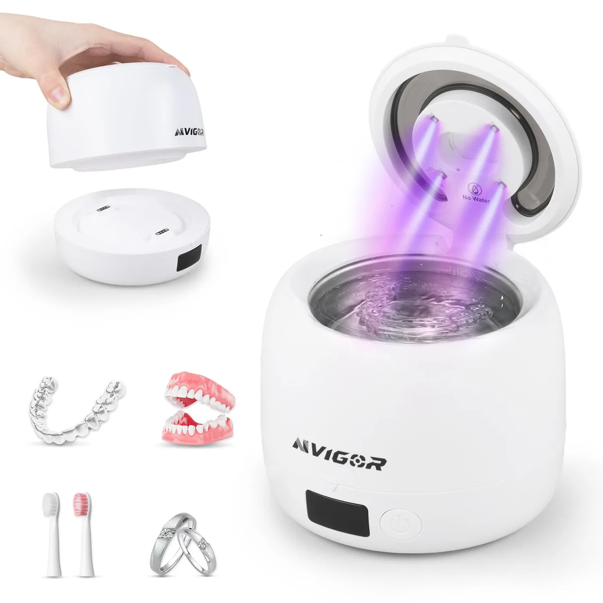 White rectangular ultrasonic cleaner with detachable tank and digital timer display