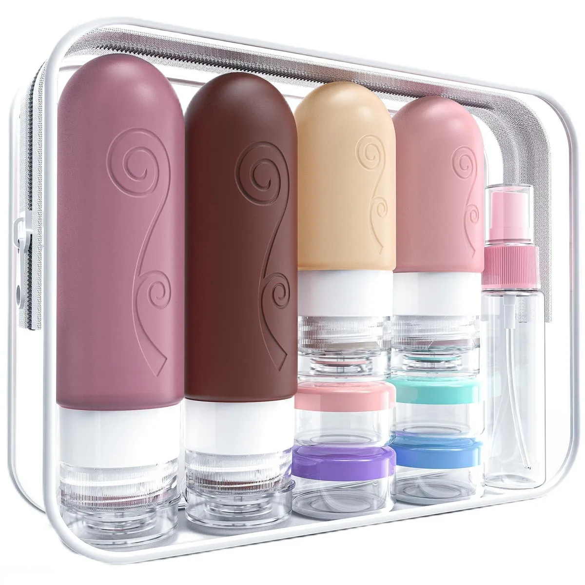 Pink 16-piece travel bottle set with silicone bottles, jars, spray bottles and accessories in a toiletry bag